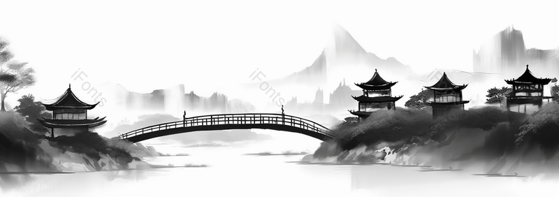 中国风凉亭桥梁建筑树木黑白色水墨山水画,插画/手绘图,插画/手绘图库,插画/手绘图下载,插画/手绘